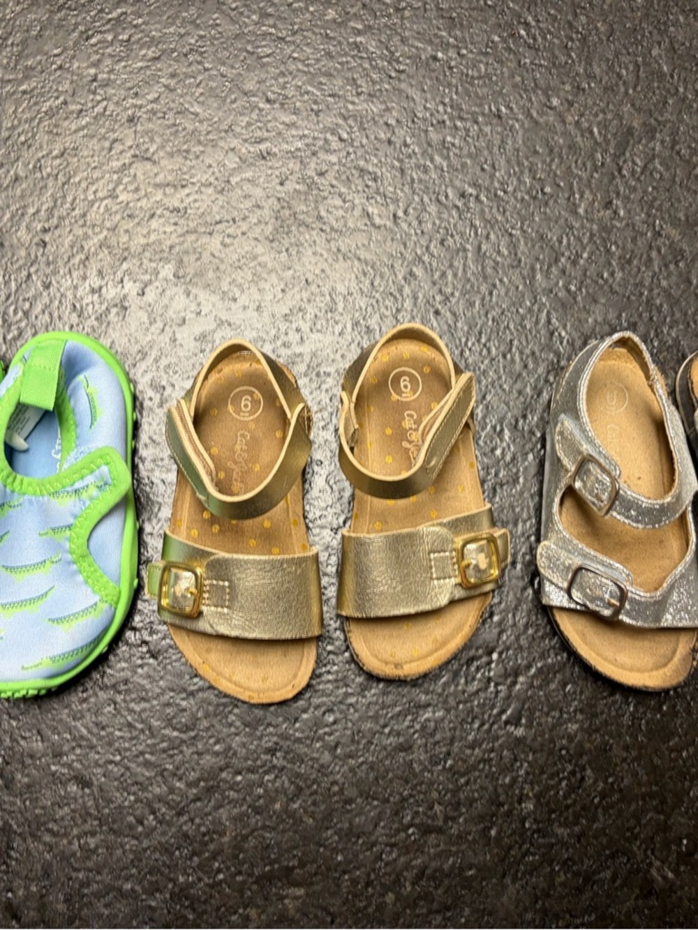 Cat & Jack Metallic toddler adjustable Sandals 2 pair plus a pair of water shoes